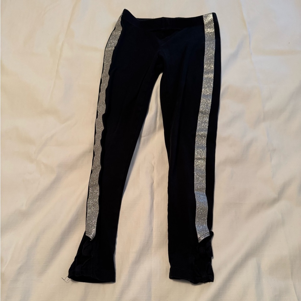 Circo Girls Black Leggings Silver Glitter Side Stripe Bow Ankle Detail Size 7/8